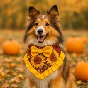 Dog with sunflower scarf among pumpkins in fall.