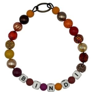 Colorful beaded bracelet with BINDI letters.