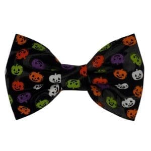Halloween bow tie with colorful pumpkin faces.