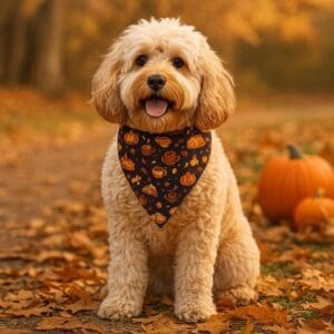 Dog with autumn bandana in fall leaves, pumpkins nearby.