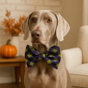 Dog wearing bow tie, autumn decor background