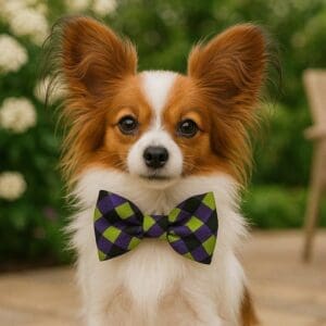 Papillon dog with checkered bow tie outdoors