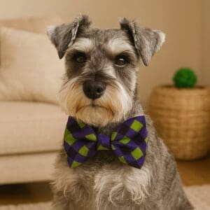 Schnauzer wearing colorful bow tie indoors.