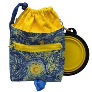 Starry night themed fabric bag with yellow accents.