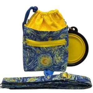 Starry night drawstring bag with yellow accents.