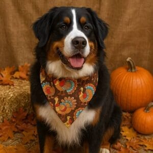 Dog in turkey bandana with pumpkins around.