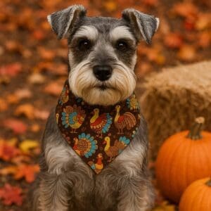 Schnauzer wearing turkey bandana in autumn setting.