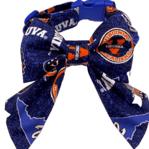 A blue UVA Dog Collar with a large bow prominently displays the University of Virginias logo and colors. It features Cavaliers, map outlines, and orange and white accents, making it ideal for any fan keen on showcasing team spirit.