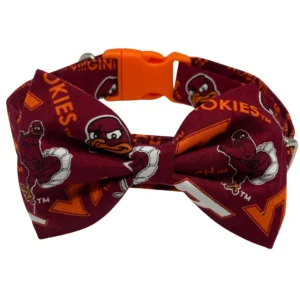 Maroon bow tie with cartoon bird logos and text.