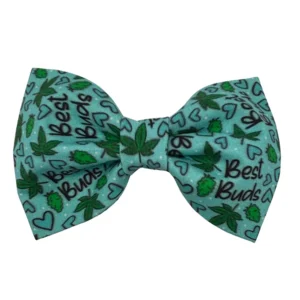 This mint green bow tie for your furry friend features 420 Best Buds text, green cannabis leaf illustrations, and black outlined hearts. Perfect for stylish pups, the 420 Best Buds Blue Dog Bowtie makes a bold statement.