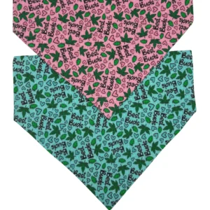 The 420 Best Buds Over-the-Collar Bandana features two triangular bandanas, one pink and one turquoise, adorned with green marijuana leaves, black hearts, and the phrase 420 Best Buds in bold black.