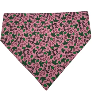 The 420 Best Buds Over-the-Collar Bandana showcases 420 Best Buds in bold black, surrounded by green cannabis leaves and cute pink hearts on soft pink fabric.