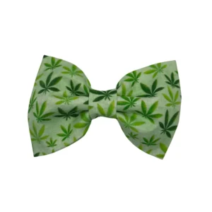 The 420 Cannabis Leaf Dog Bowtie showcases a stylish design with vibrant green cannabis leaves on a light green background.
