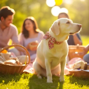 Dog with scarf at picnic gathering outdoors.