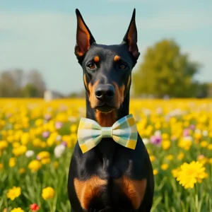 Doberman wearing bow tie in flower field