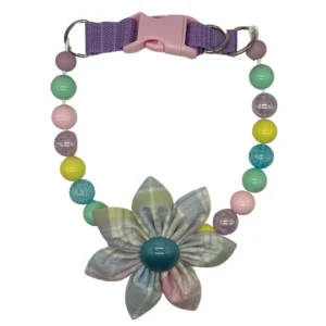 Colorful pet collar with flower and beads.