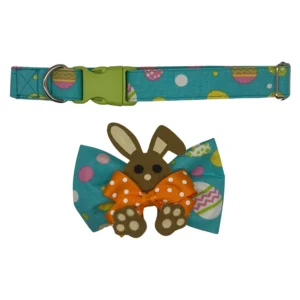 Colorful Easter dog collar with bunny bow tie.