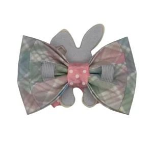 Plaid bow with bunny silhouette background.