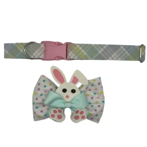 Plaid dog collar with bunny bow tie