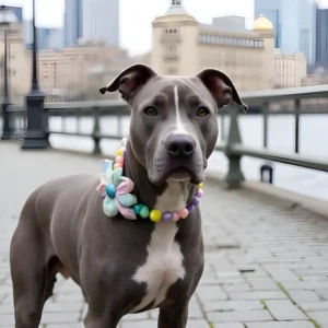 Dog with colorful beaded necklace in city backdrop.