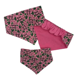 Pink dog bandana and scrunchie set with text.