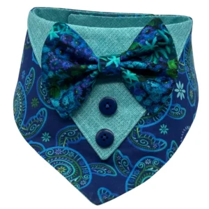 Blue paisley dog bandana with bow tie