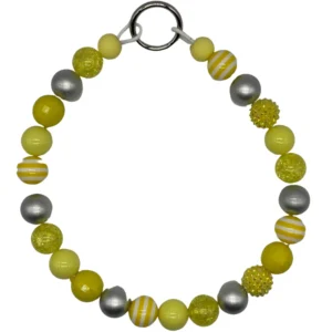 Yellow and silver beaded bracelet with striped beads.