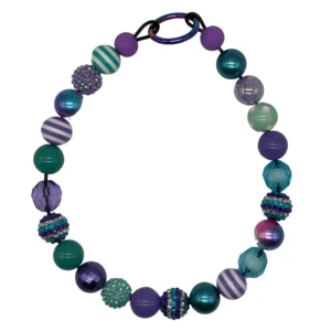 Colorful round bead necklace in purple and teal.