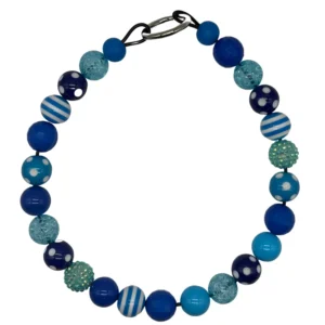 Blue beaded bracelet with various patterned beads.