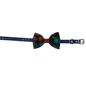 Colorful butterfly bow tie on blue dog collar.