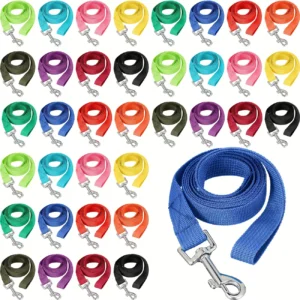 Colorful dog leashes arranged in a grid pattern.