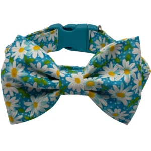 Blue dog bow tie with white daisies