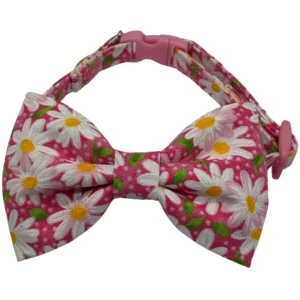 Pink daisy-patterned dog collar with bow