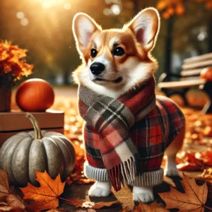 fall dog fashion corgi plaid scarf Corgi in plaid scarf surrounded by autumn pumpkins