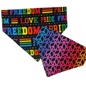 Colorful bandanas with pride and peace symbols.