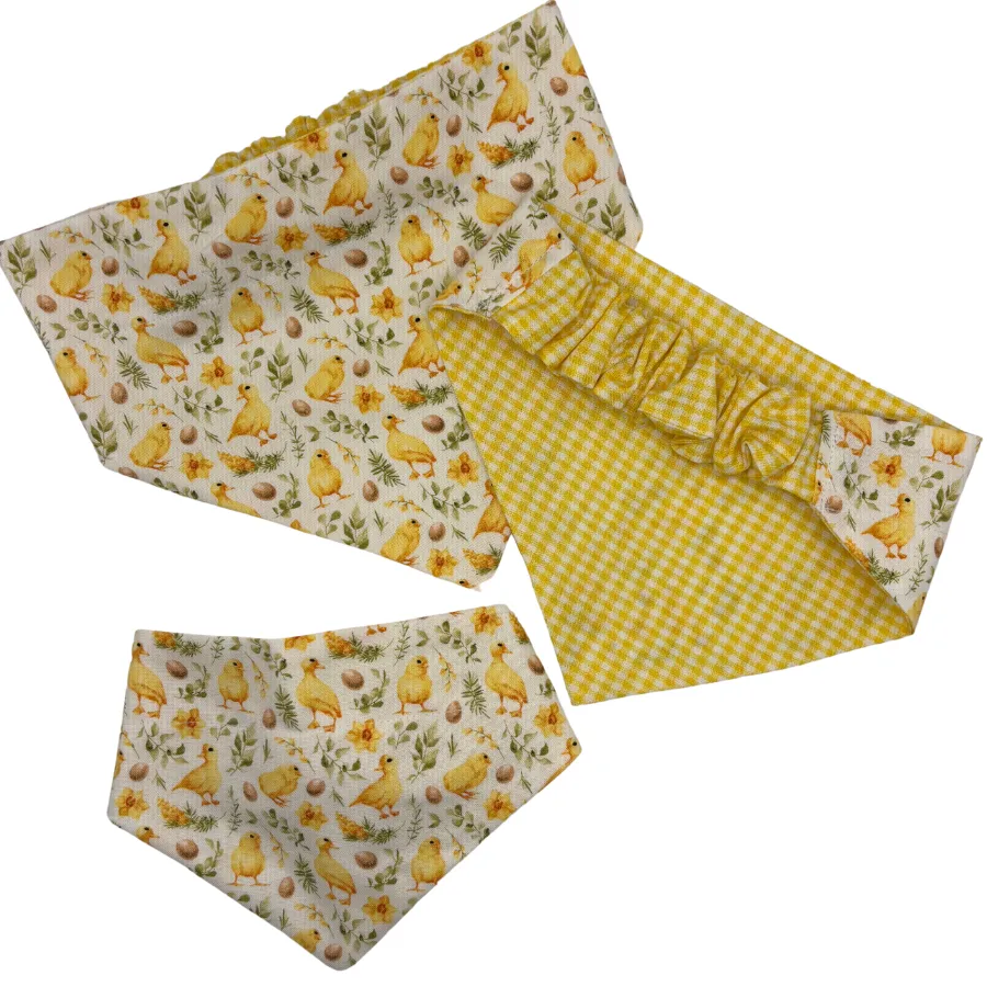 Three duck-patterned bandanas with yellow gingham design.