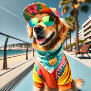 summer dog fashion golden retriever boardwalk Dog in tropical outfit and sunglasses at beach.