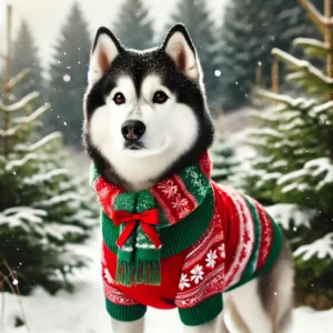 winter dog fashion husky snow holiday outfit Husky in festive sweater, snowy forest background.