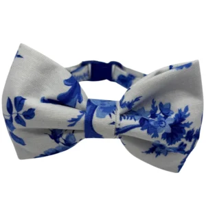 White bow tie with blue floral pattern