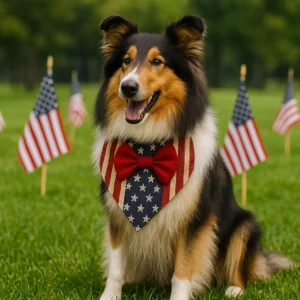 Collie dog with USA flag bandana outdoors