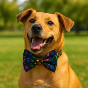 Smiling dog wearing colorful paw print bow tie.