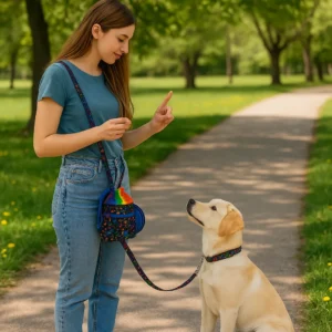 Woman training puppy with hand signals in park.