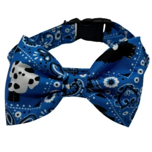 Blue patterned dog bow tie with skulls