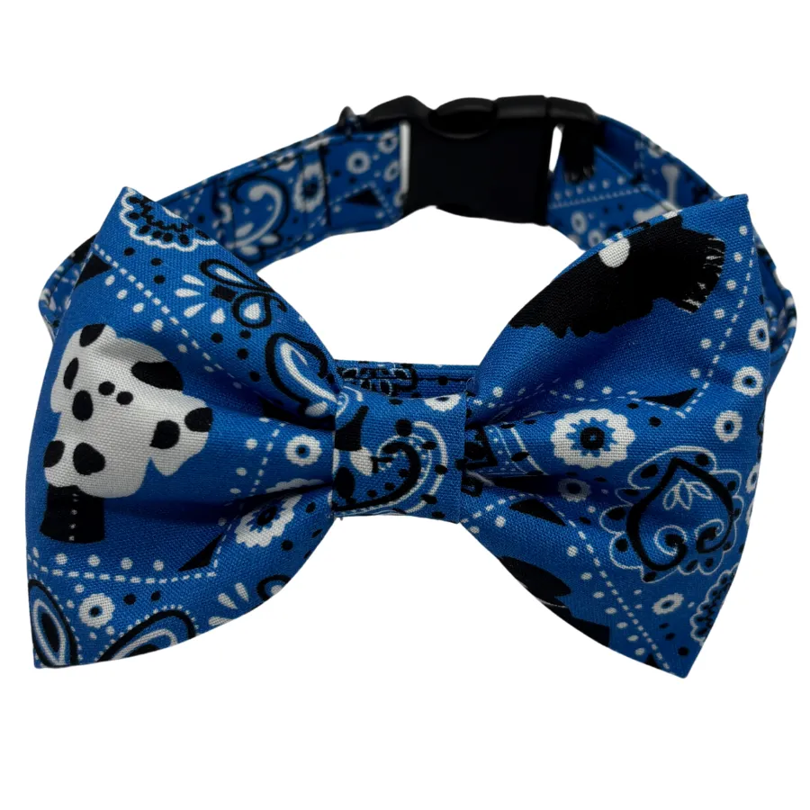 Blue patterned dog bow tie with skulls
