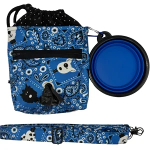 Blue dog treat bag with collapsible bowl