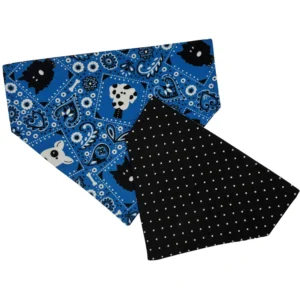Patterned fabric bandanas, blue and black.