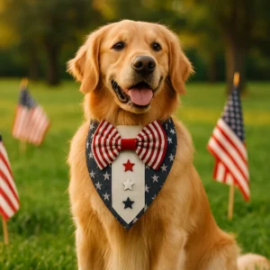 Golden retriever with patriotic bowtie in park.