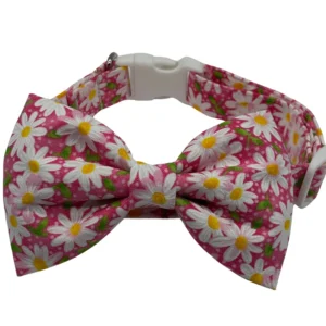 Pink daisy-patterned bow tie collar for pets.