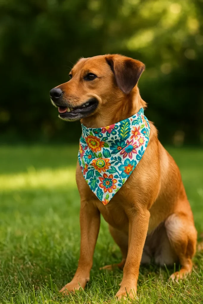 Dog wearing colorful floral bandana on grass