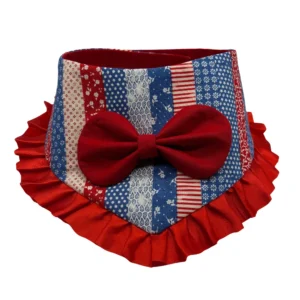 Patriotic red, white, blue bandana with bow for dogs.